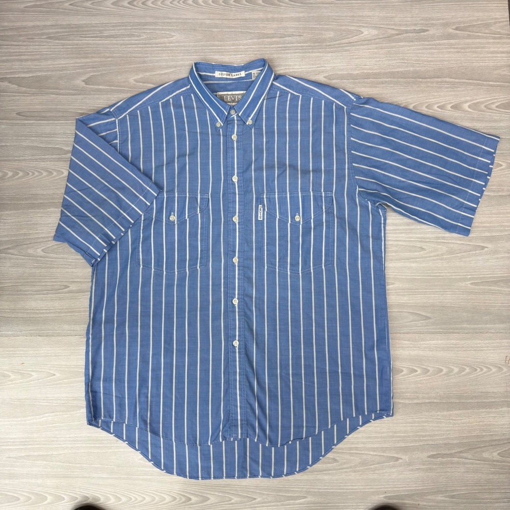 Levis Silver Label Mens L Blue White Striped Short Sleeve Button Down Shirt Vtg
